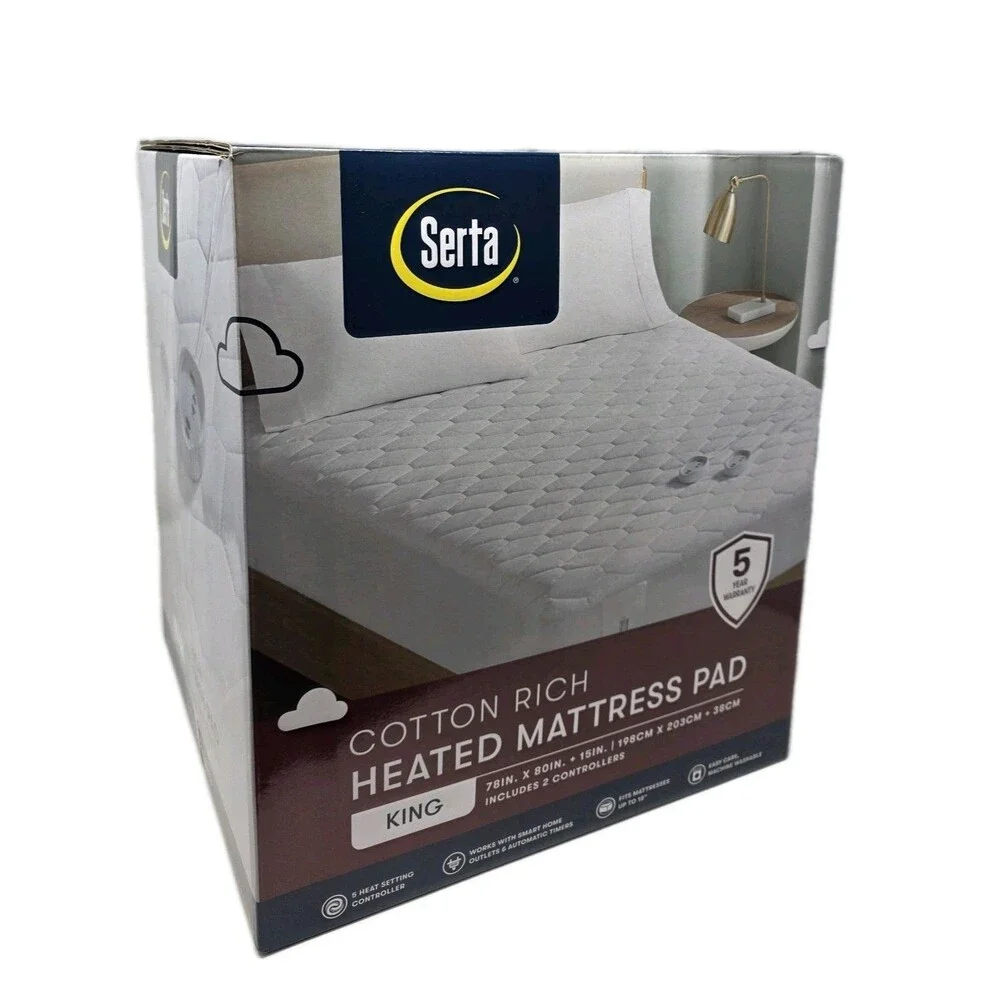 Serta Cotton Rich King Heated Mattress Pad Deep Fit, 5 Settings + 2 Controllers